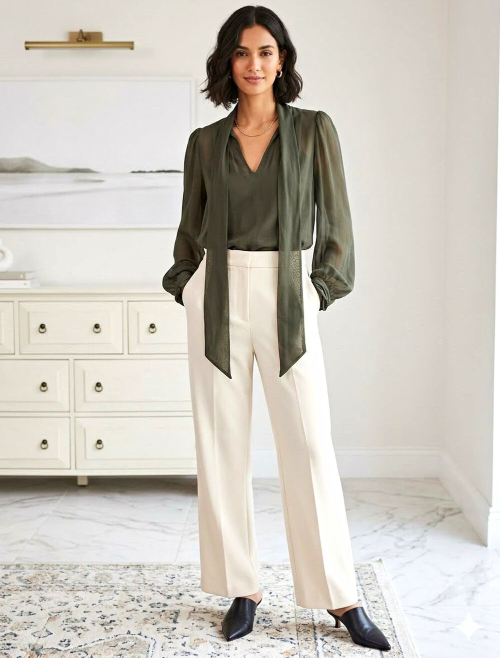 Mint Velvet Women’s Green V-Neck Long Sleeve Tie-Neck Solid Viscose Blouse S